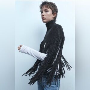 Zara Charcoal Gray sweater Fringe Cape